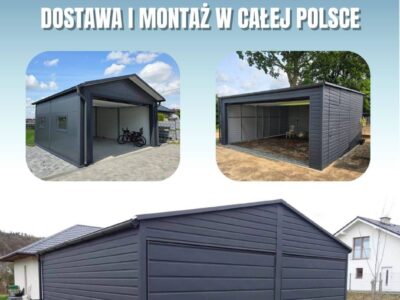 Garaż blaszany w kolorze grafit z bramą uchylną i dodatkami