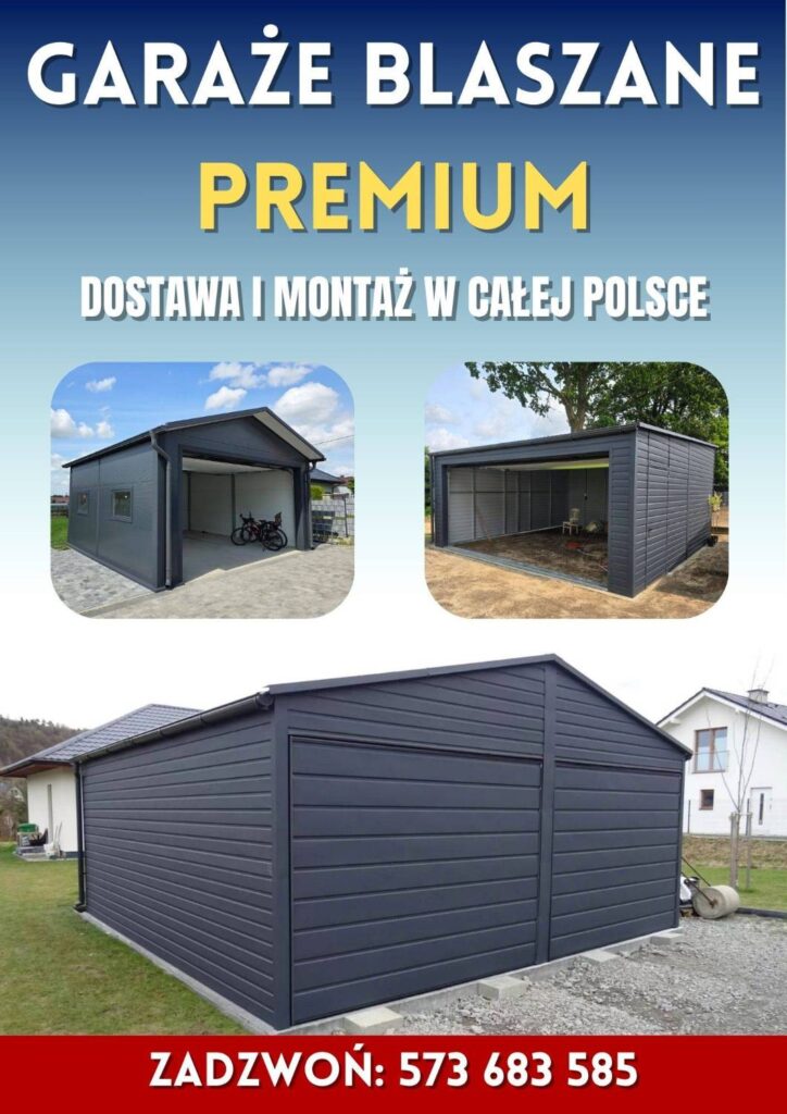 Garaż blaszany w kolorze grafit z bramą uchylną i dodatkami